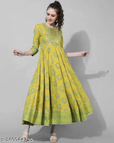 Rayon embroidered long kurta, Indian anarkali dress for parties and festivals in cotton with three-quarter sleeves and printed design, Bollywood fashion
